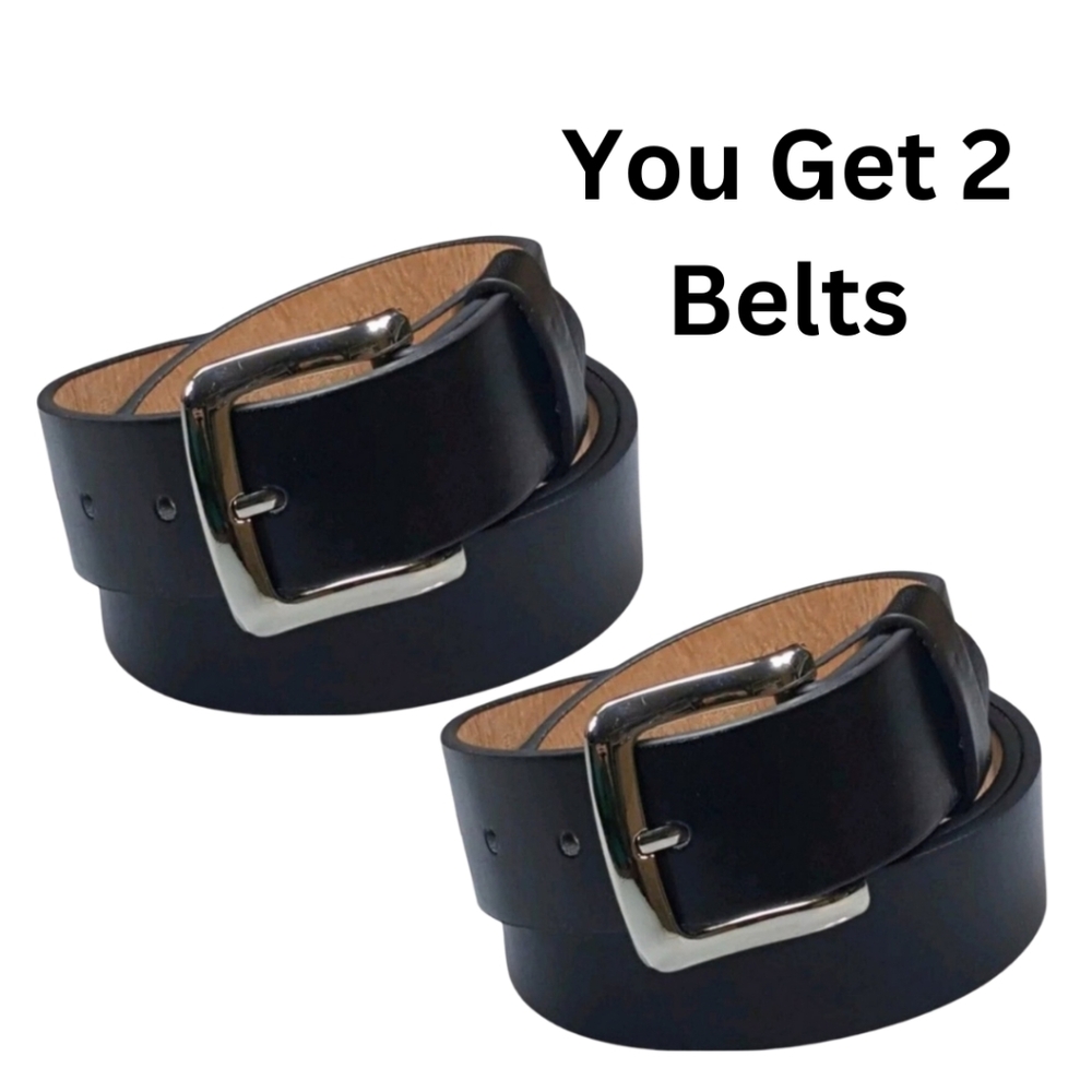 Men's Plain Black Genuine Leather Casual Dress Black 2 Belts with Silver Buckle